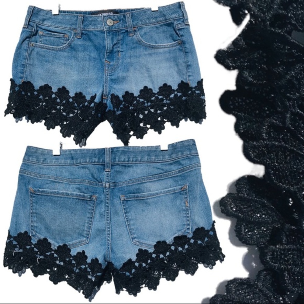 Express Blue Jean Shorts with Black Lace Detail